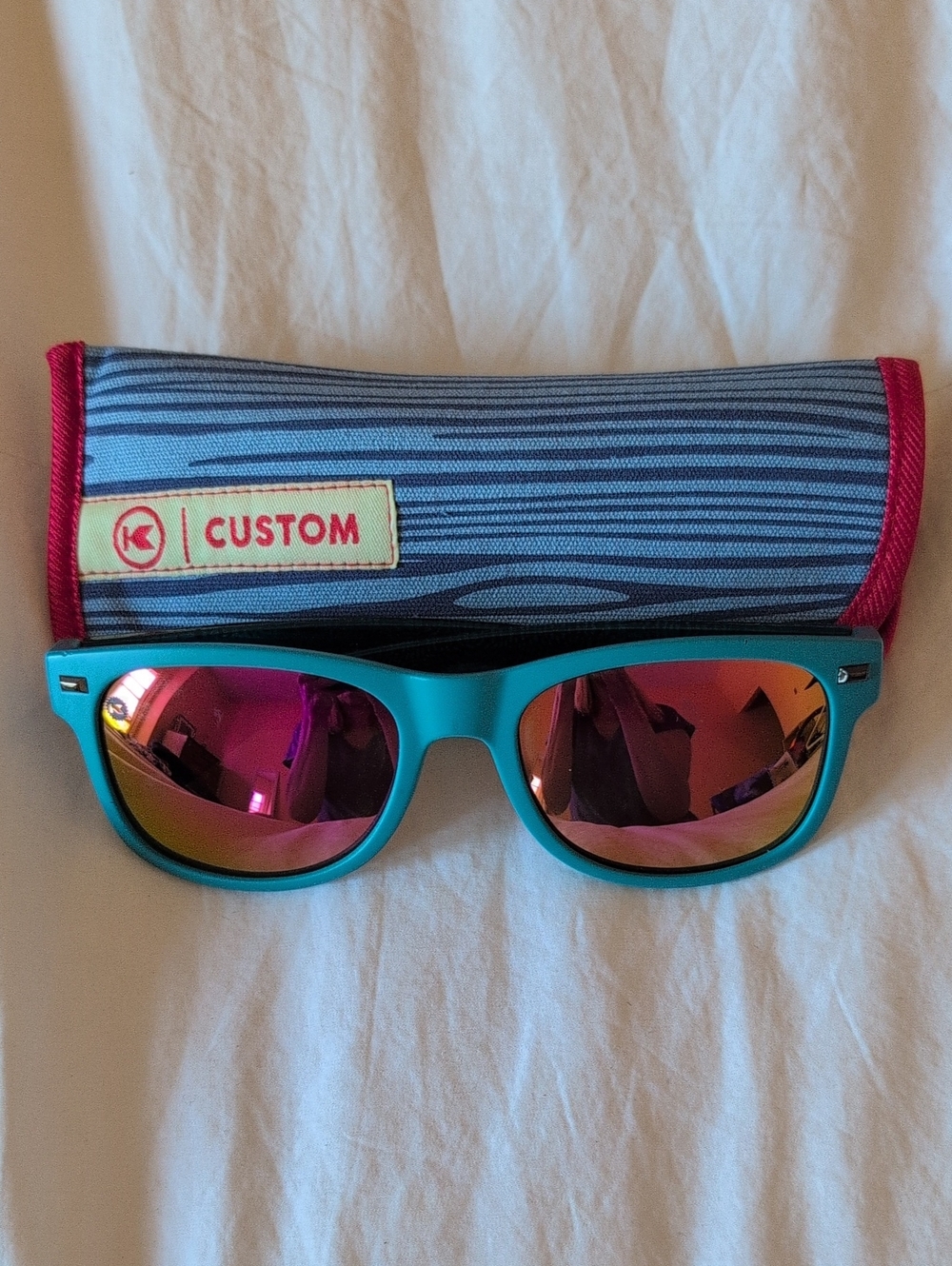 Custom Knockaround Teal Frame Sunglasses with Pink Polarized Lenses